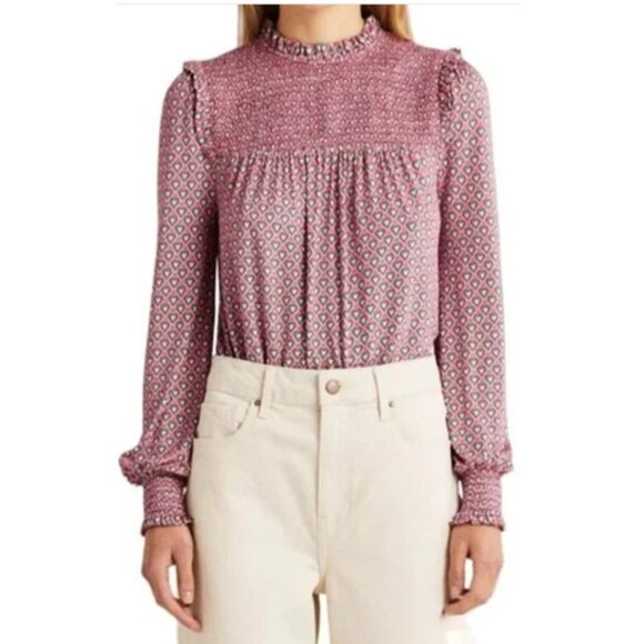 Smocked Long Sleeve Heart Print Peasant Top - Picture 1 of 8